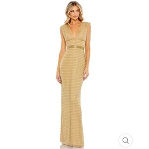 Mac Duggal Gold Beaded Cap Sleeve Column Dress NWT- with minor flaw